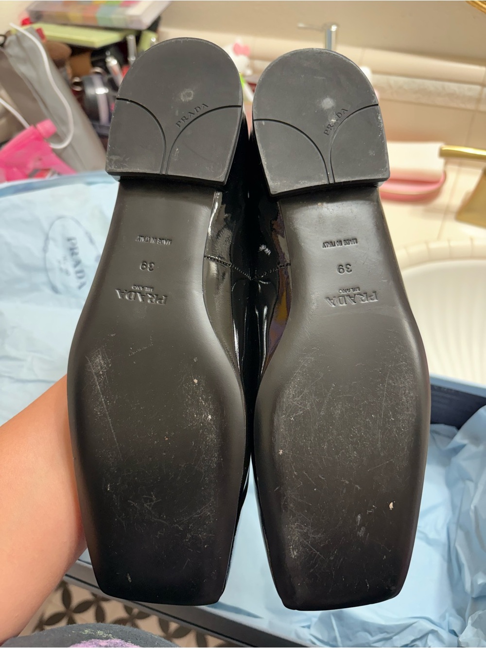 (USED) Prada Black Patent Leather Square-Toe Ankle-Strap flats with Logo - Picture 7 of 7